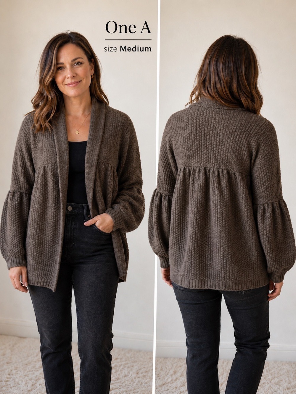One A Textured Balloon Sleeve Cardigan Sweater Size Medium